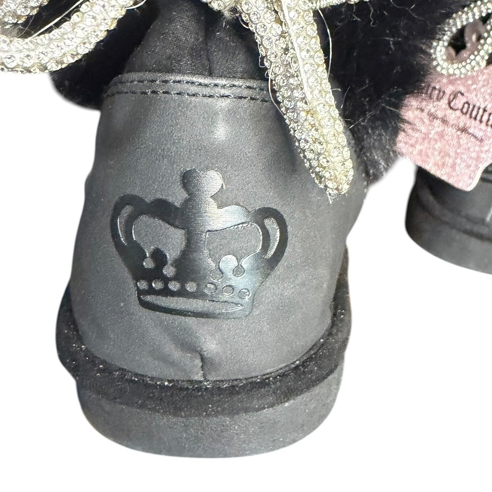 NWT Juicy Couture Black Faux‎ Fur Boots Rhinestone Bow Glitter Logo Kid's Size 1 - Picture 9 of 9